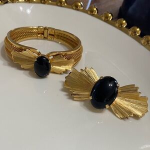 Vintage Gold-Tone Black Enamel Cabochon Floral Clamper and Cordelia Brooch Set